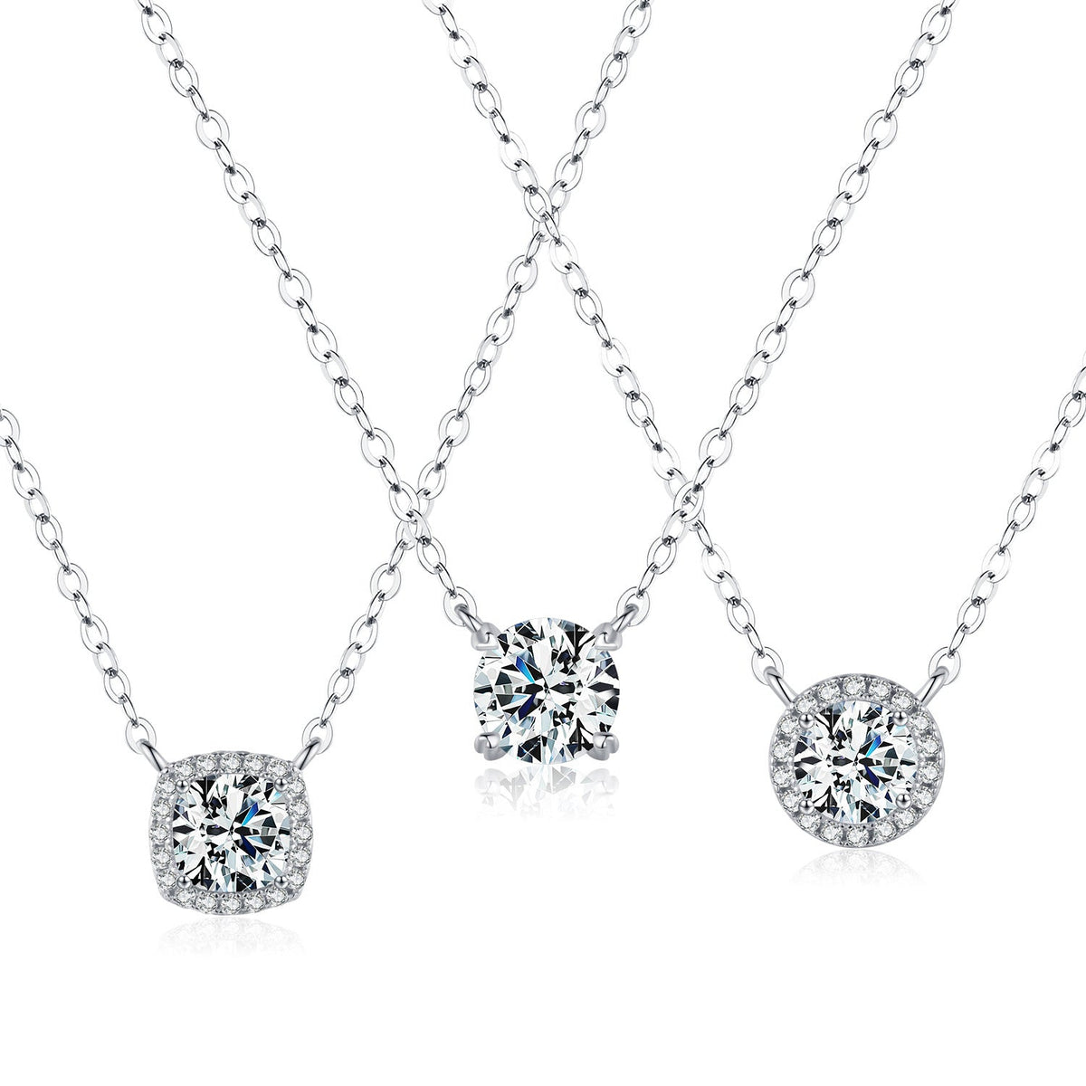 Geometric D-Color VVS1 Moissanite Necklace in Sterling Silver – Square, Round, or Solitaire Pendant for Women