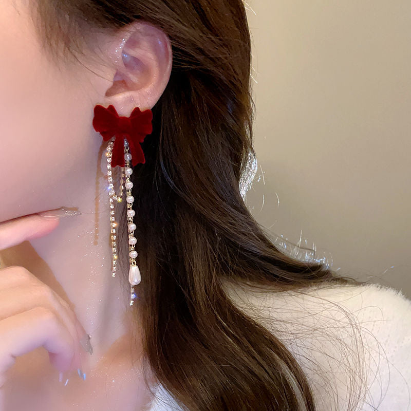 Women's Red Flocking Bow Pearl Tassel Elegant Light Luxury High-grade Earrings