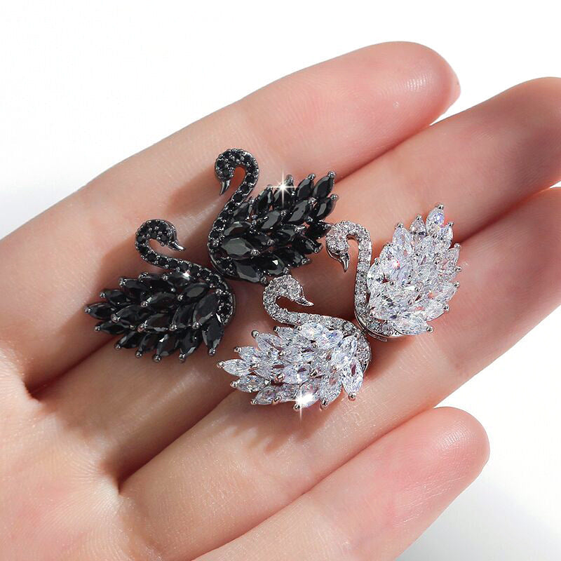 Black White Zircon Swan Female Personality Temperament Sier Needle French Stud Earrings