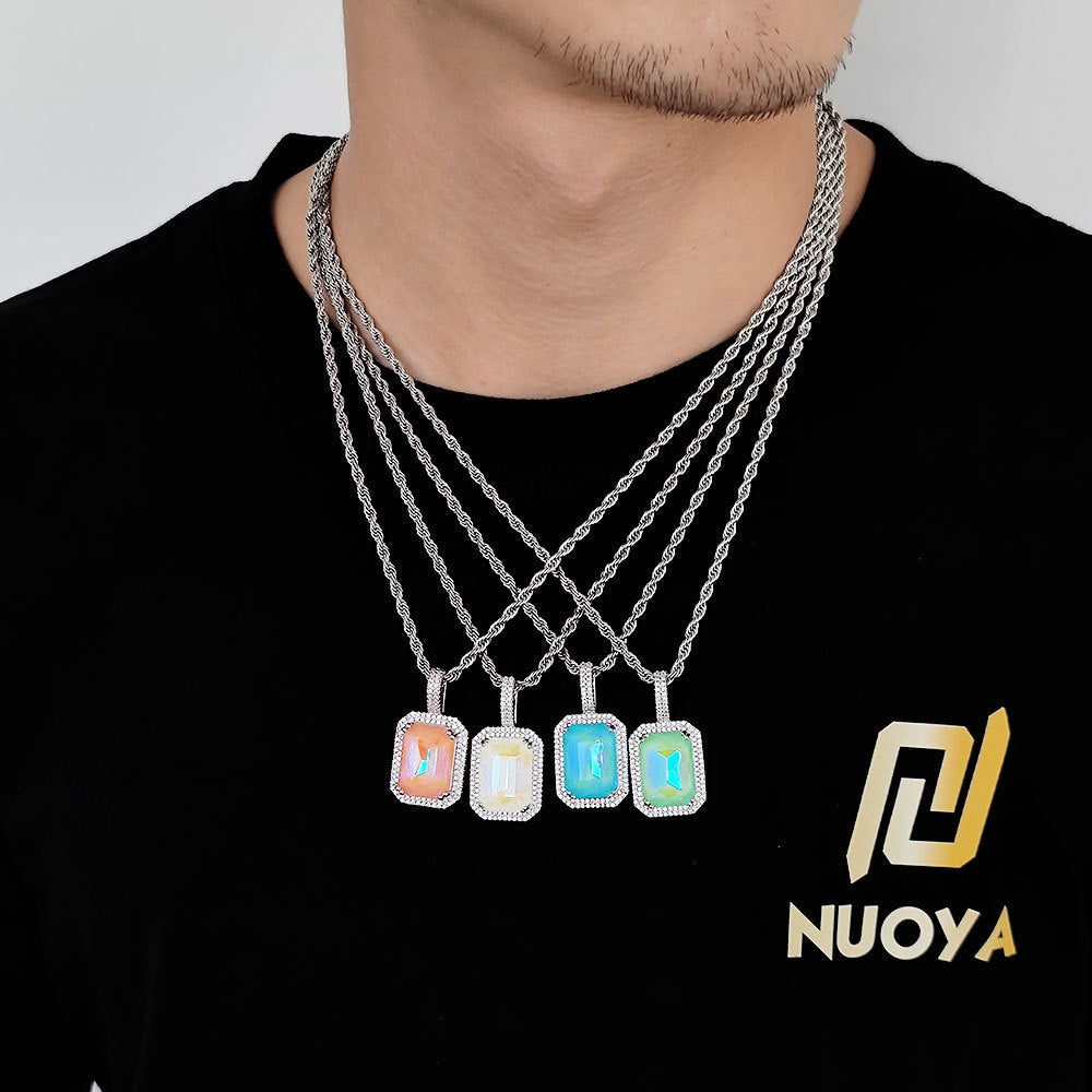 Geometric Square Zirconia Pendant Necklace in White Gold Tone with Twisted Cable Chain