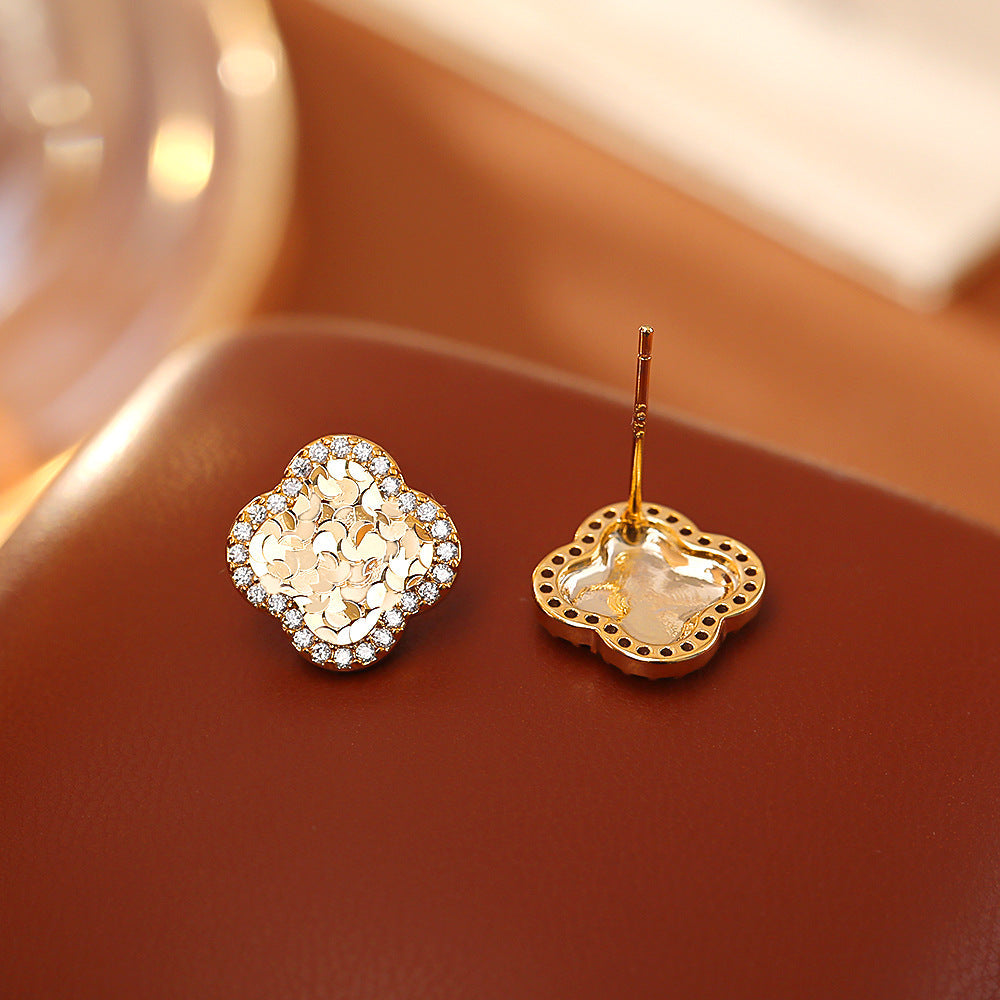 Zircon Four Leaf Clover Ear High Sense Fashion Exquisite Versatile Stud Earrings