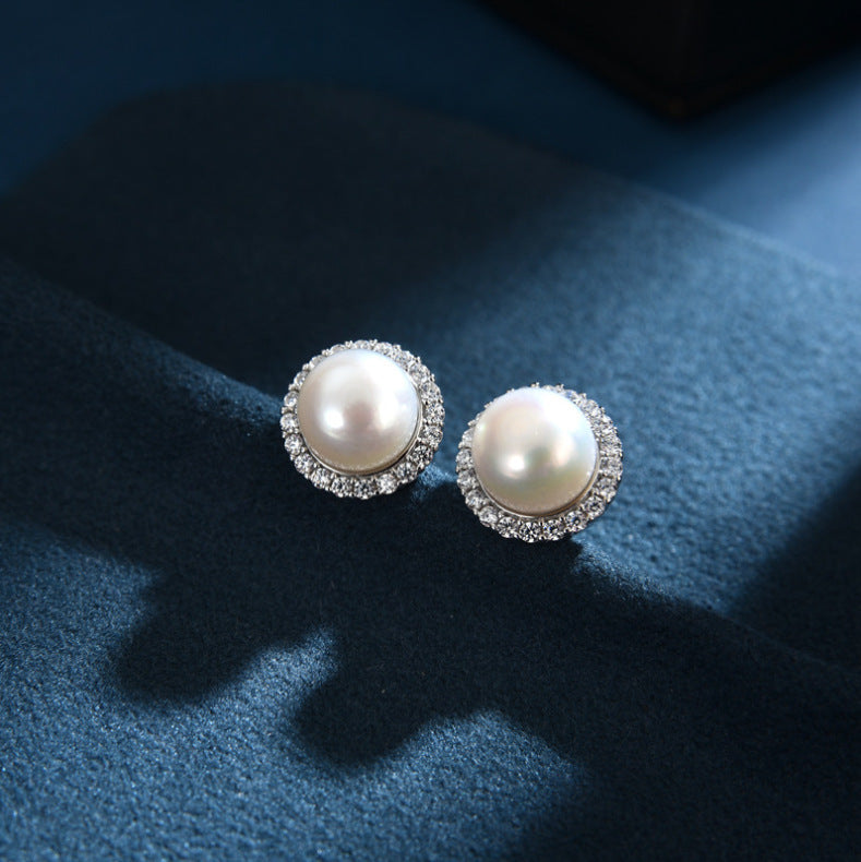 High-grade Pearl Zircon Ear Niche Design Clip Refined Simple Geometric Stud Earrings