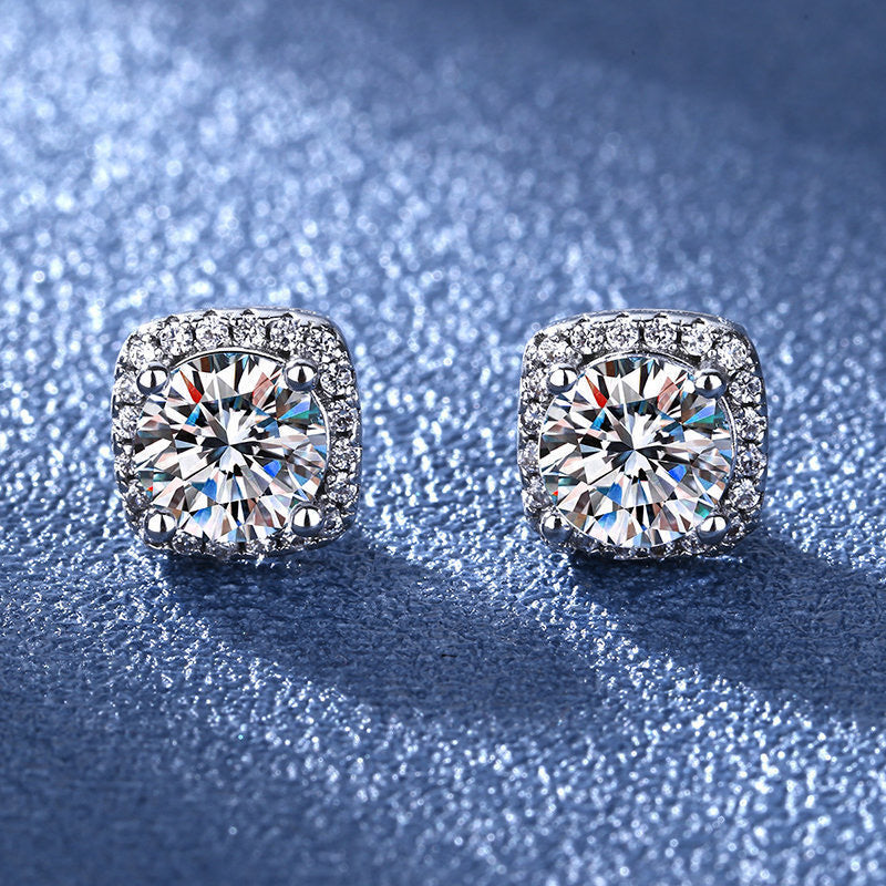 Live Imitation Sier Needle Square Bag Female Four Claw Karat Stud Earrings