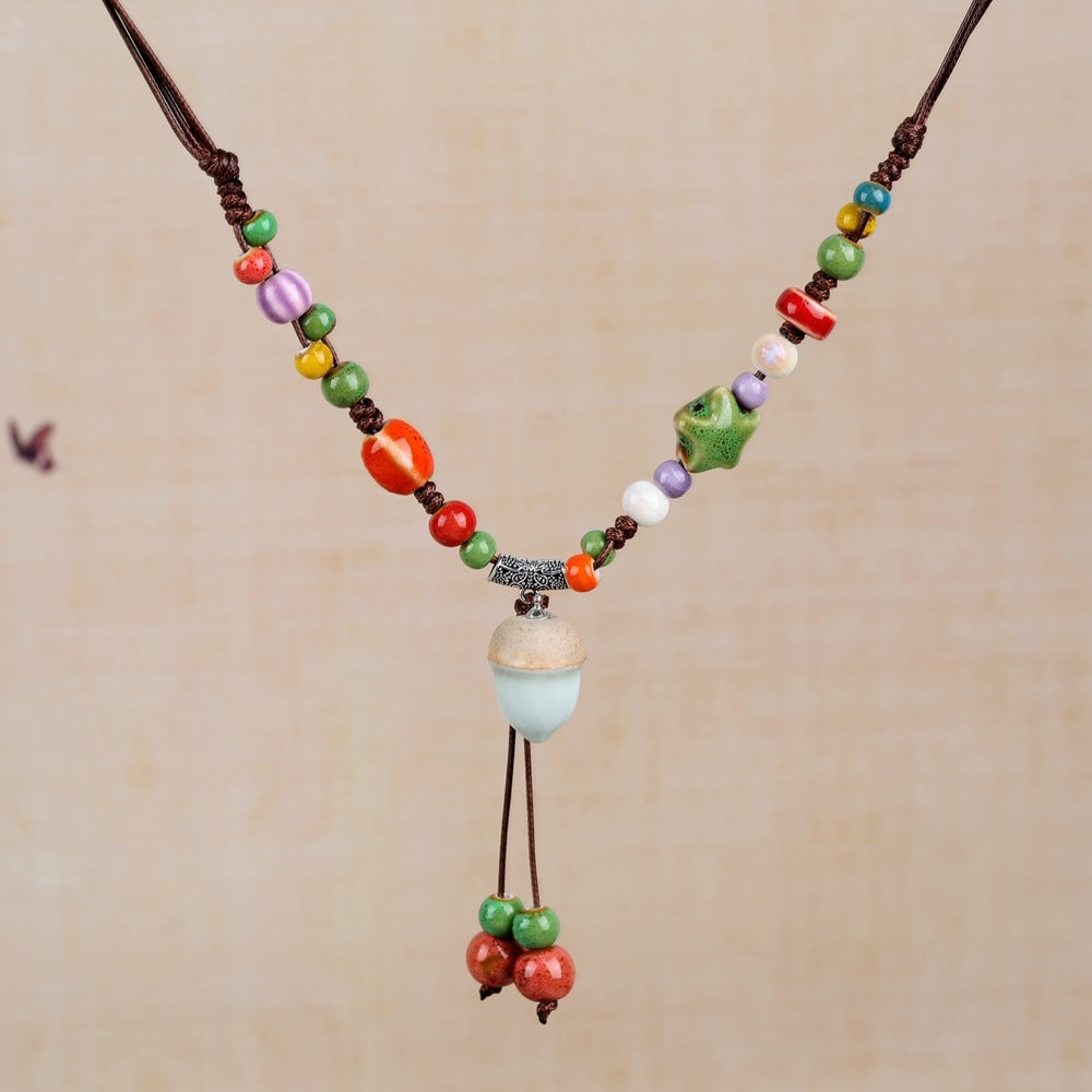 Women's Retro Ethnic Style Ceramic Butterfly Bell Fashionable Necklace