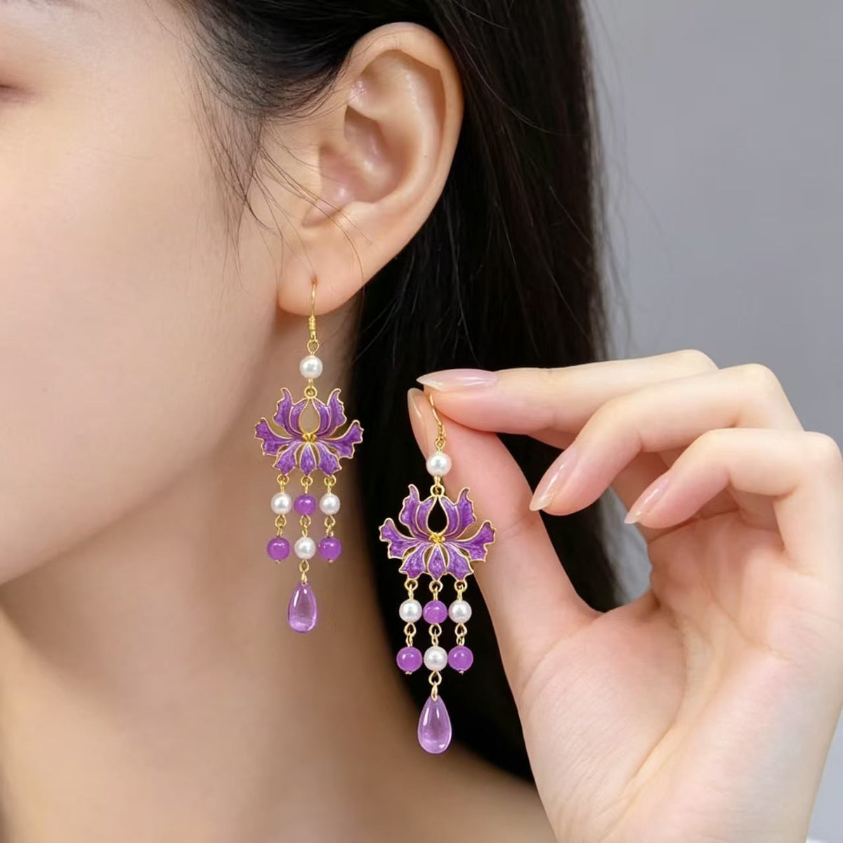Chinese Style Purple Lotus Tassel Light Luxury Ancient Han Clothing Earrings