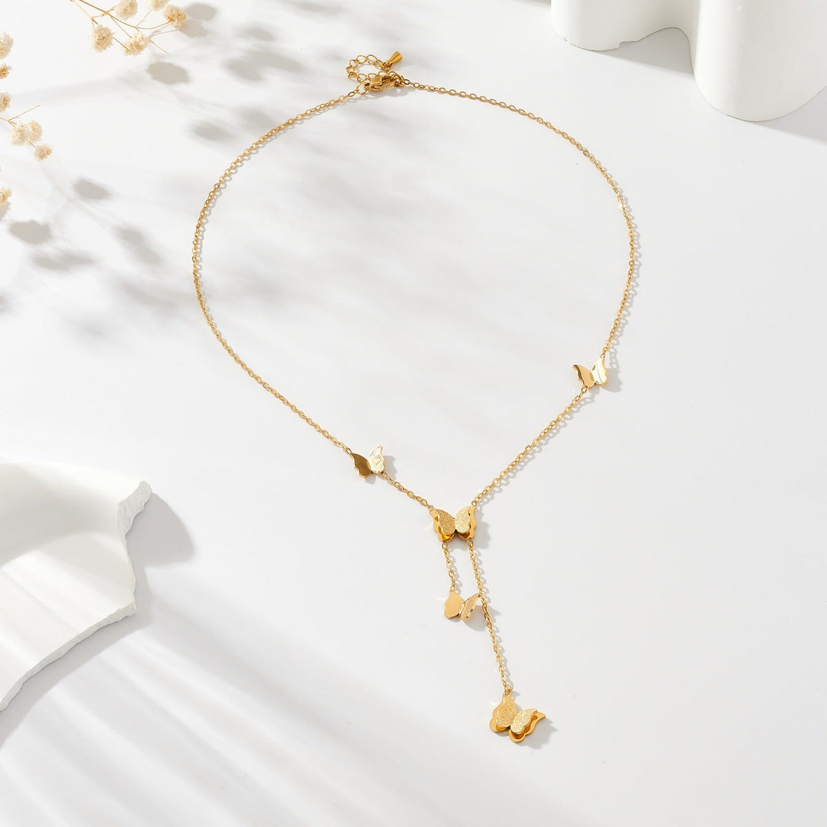 Women's Three-dimensional Five Butterflies Accessory Tassel Chain Stainless Steel Gold-plated Clavicle Necklace