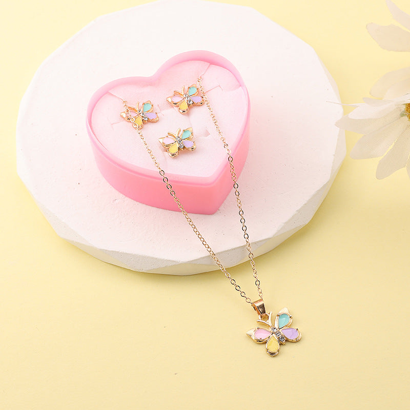 Children's Alloy Dripping Oil Cartoon Butterfly Love Jewelry Set