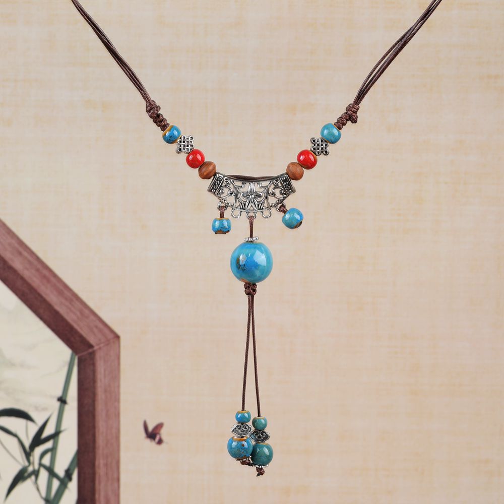 Women's Retro Ethnic Style Ceramic Butterfly Bell Fashionable Necklace