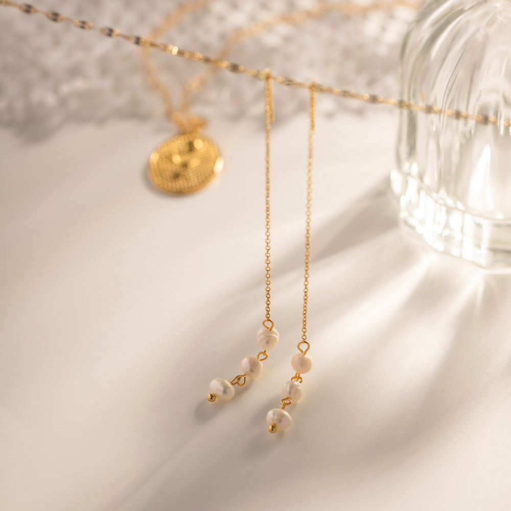 Women's Water Pearl Three Pearls Long Ear Earrings