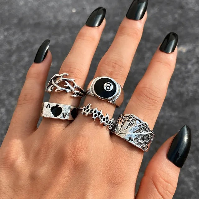 Alloy Chain Vintage Crying Face Poker Hollow Love Ring