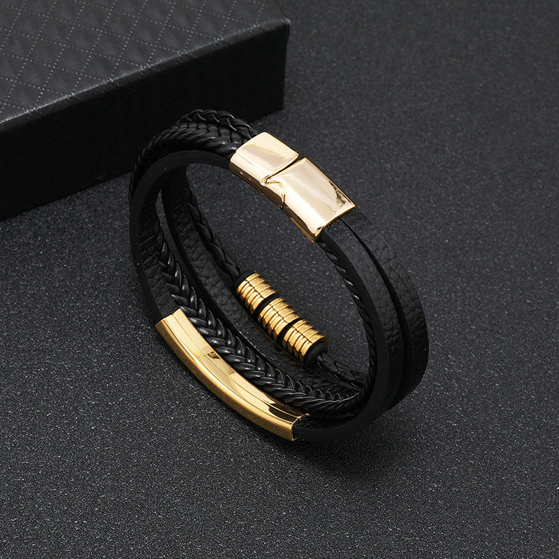Men's Leather Woven String Stainless Steel Personality Bracelet