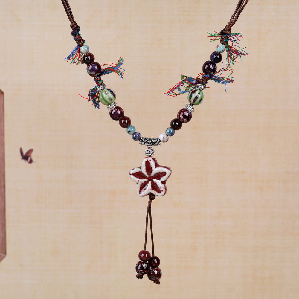 Women's Retro Ethnic Style Ceramic Butterfly Bell Fashionable Necklace