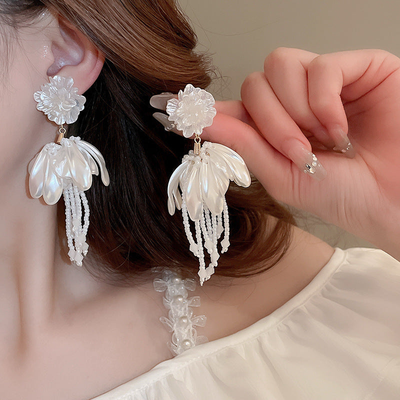Needle High-grade Flower Tassel Pearl French Fashion Earrings