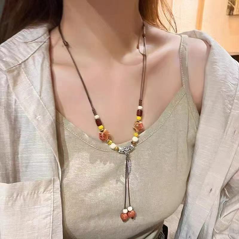Women's Style Handmade Braid Rope Ceramic Beaded Fashion Long Necklace