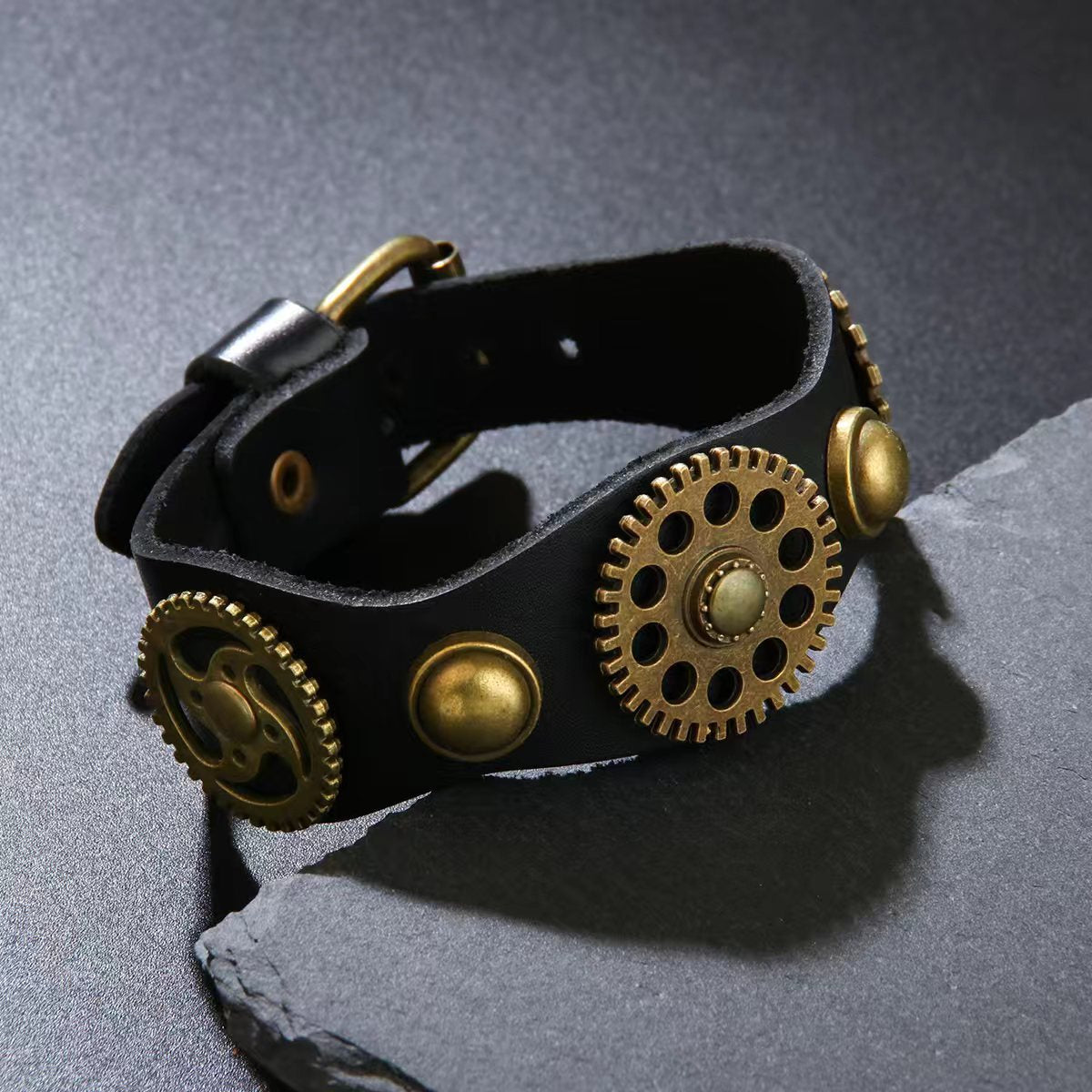 Gear Leather Vintage Distressed Rivet Wide Bracelet