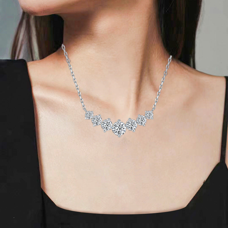V-Shaped Smile Pendant Necklace with Lab-Created Moissanite Stones – White Gold Plated 925 Sterling Silver