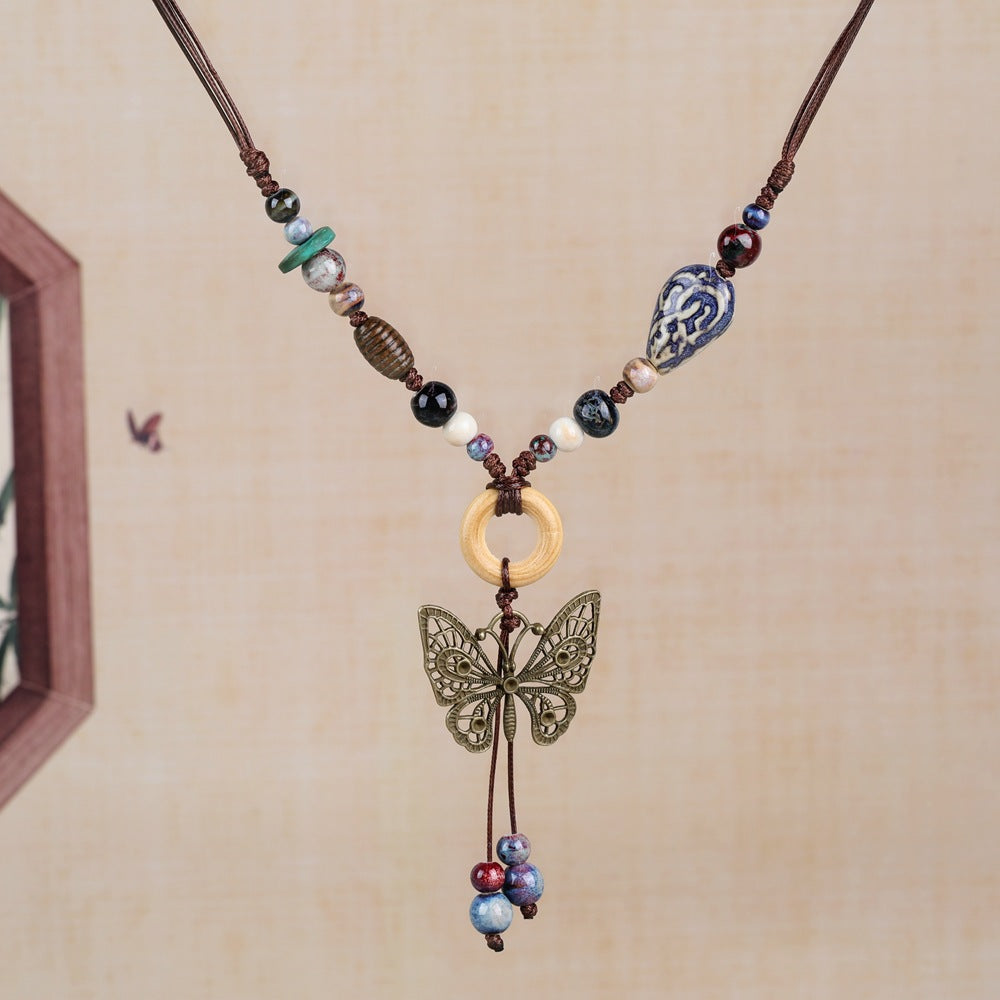 Women's Retro Ethnic Style Ceramic Butterfly Bell Fashionable Necklace