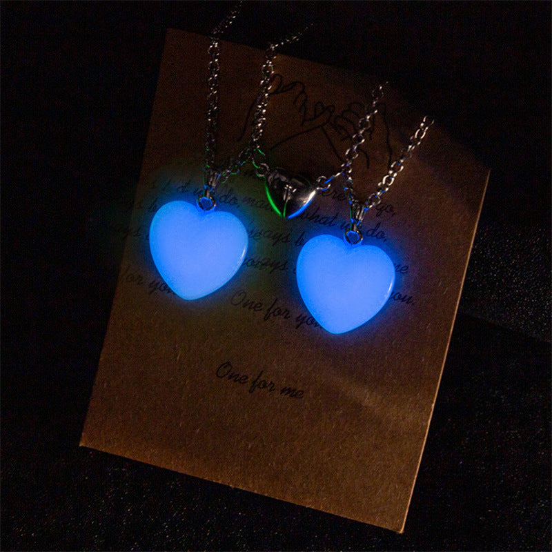 Luminous Hexagon Prism Natural Stone Heart Couple Necklaces