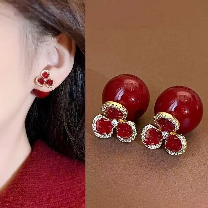 Red Flower Pearl Fashion Zircon Clover Earrings