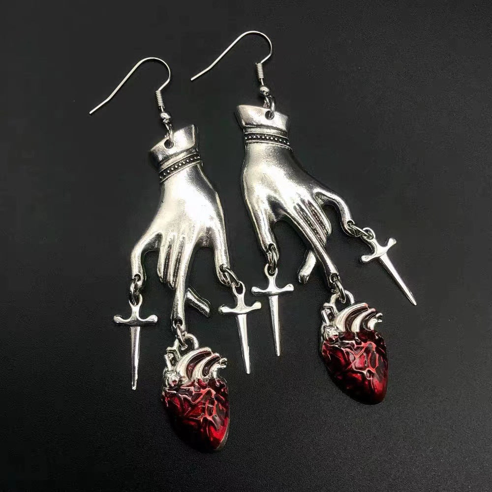 Retro Punk Water Drop Ruby Hand Earrings
