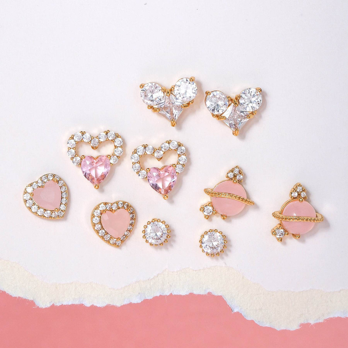 16 Pairs Pink Heart Stud Hoop Huggies Drop Earrings Set, 18K Gold Plated Stacking CZ & Pearl Designs, Planet Snowflake Moon Star | Cubic Zirconia
