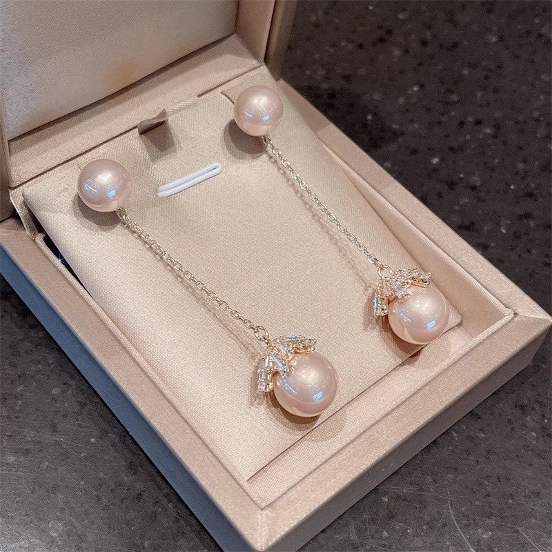 Pearl Long Sterling Sier Needle Advanced Sense Champagne Pink Small Earrings