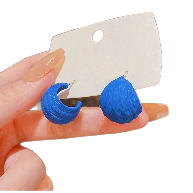 Women's Style Pleated Brushed Texture Ear Niche Semicircle Shaped Sier Needle Earrings