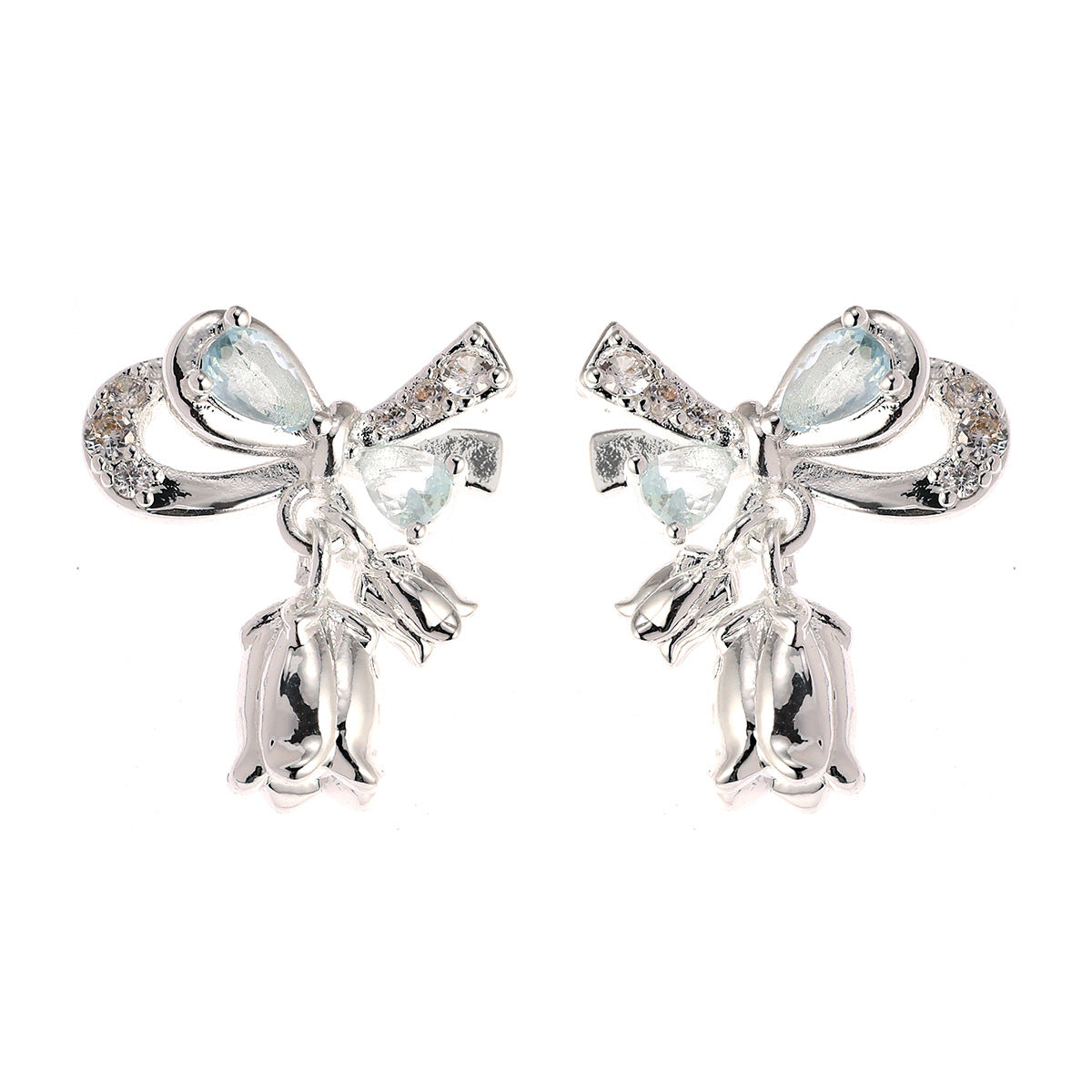 Sier Needle Light Luxury Zircon Bow Flower Niche Sweet Design Earrings