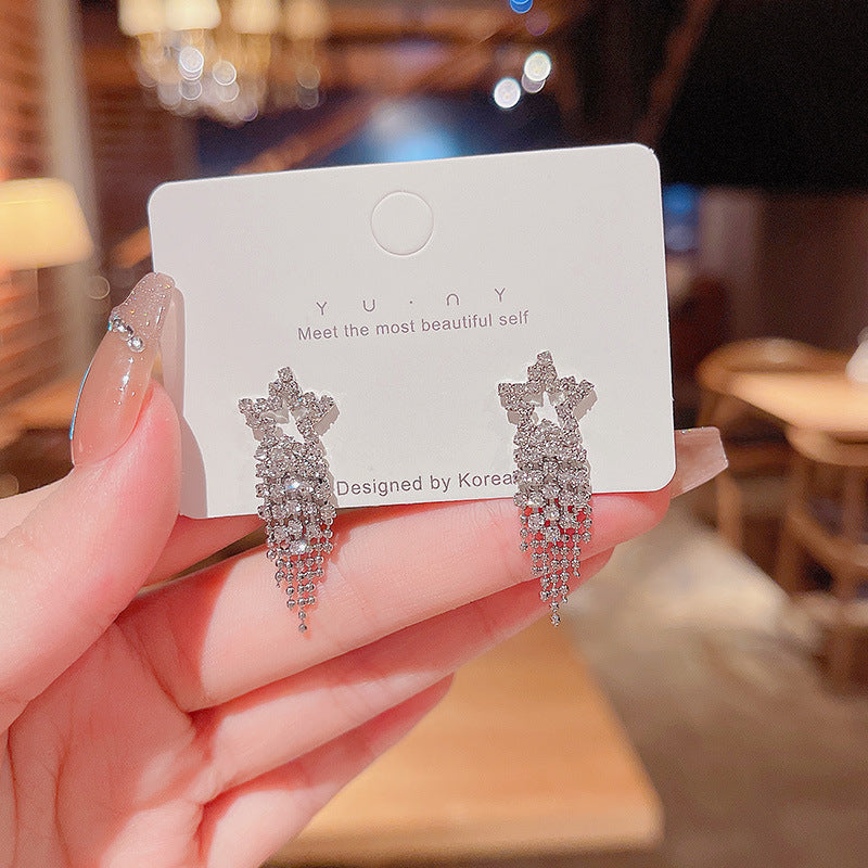 Women's Diamond Pentagram Long Fringe Super Shiny Temperament Personalized Stud Earrings