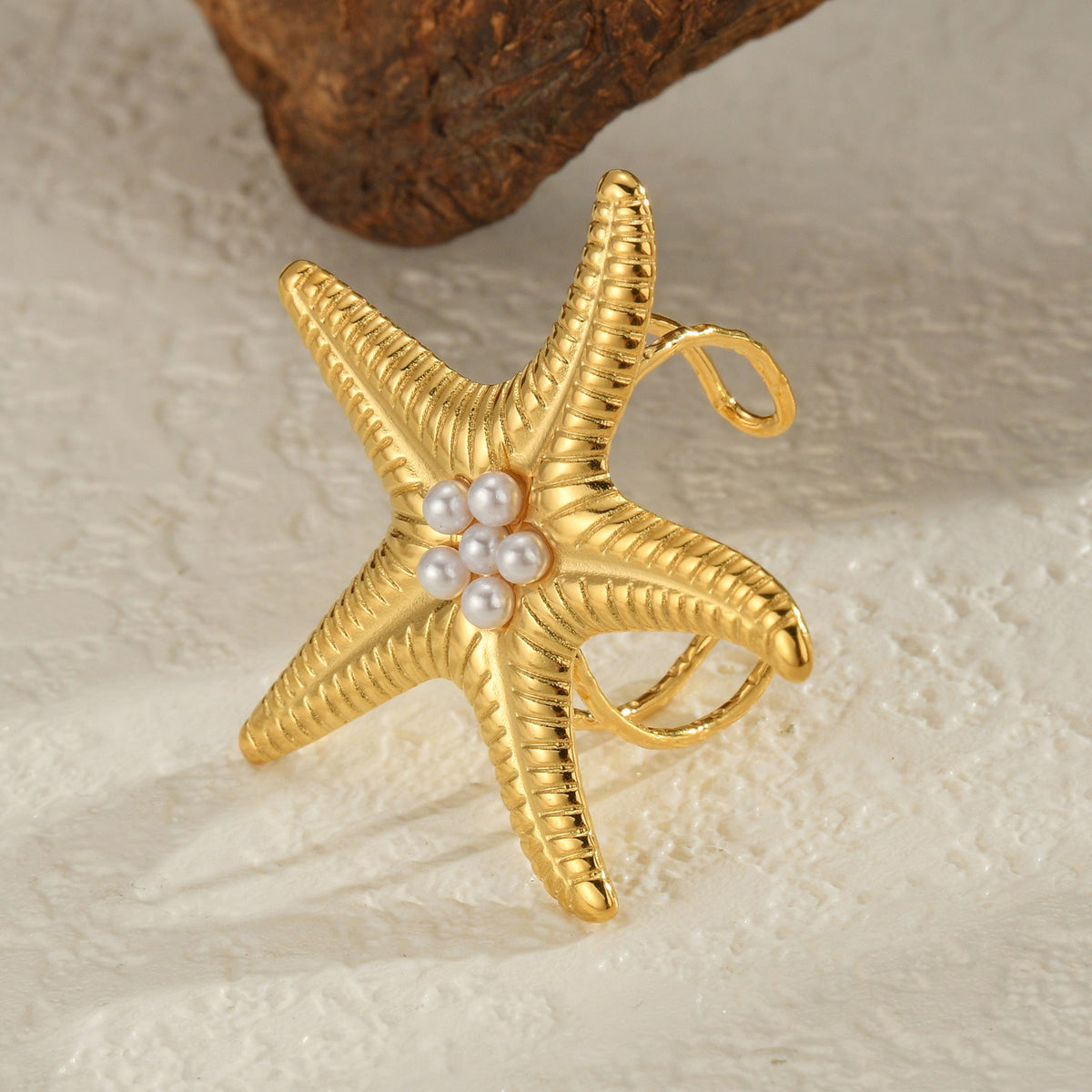 Women's Fashion Trend Stainless Steel Starfish Pearl Opening Exaggerated Design Rings