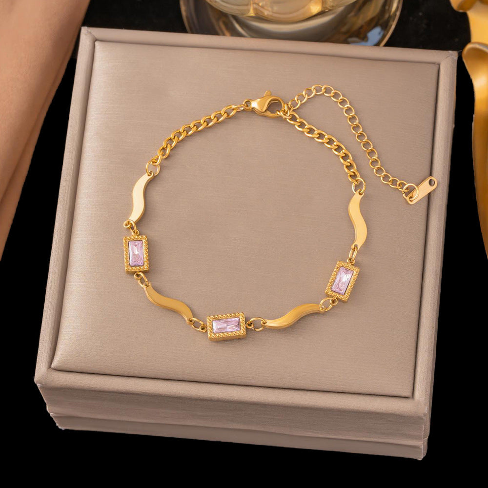 Birthday Crystal Stone Ocean Wave Titanium Steel Square Bracelet