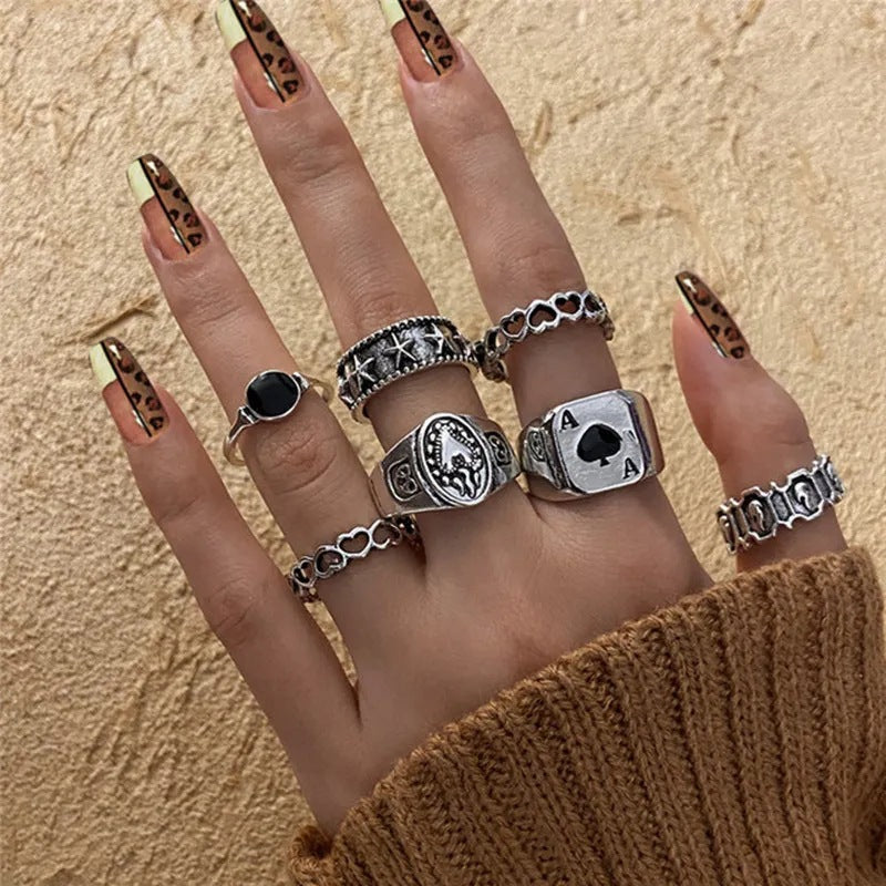 Alloy Chain Vintage Crying Face Poker Hollow Love Ring