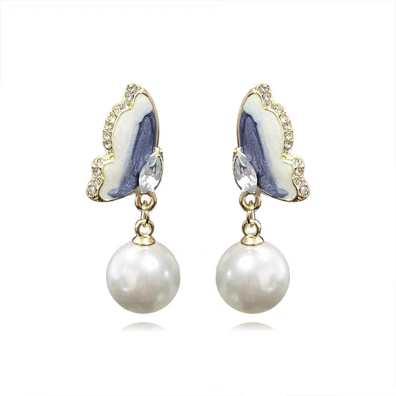 Pearl Dripping Oil Gradient Butterfly Female Fashion Earrings