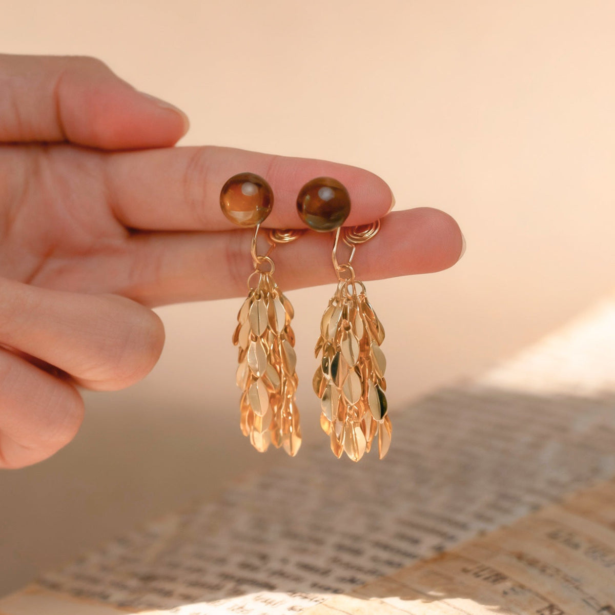 Amber Round Long Golden Leaf Tassel Expensive Mosquito Earrings