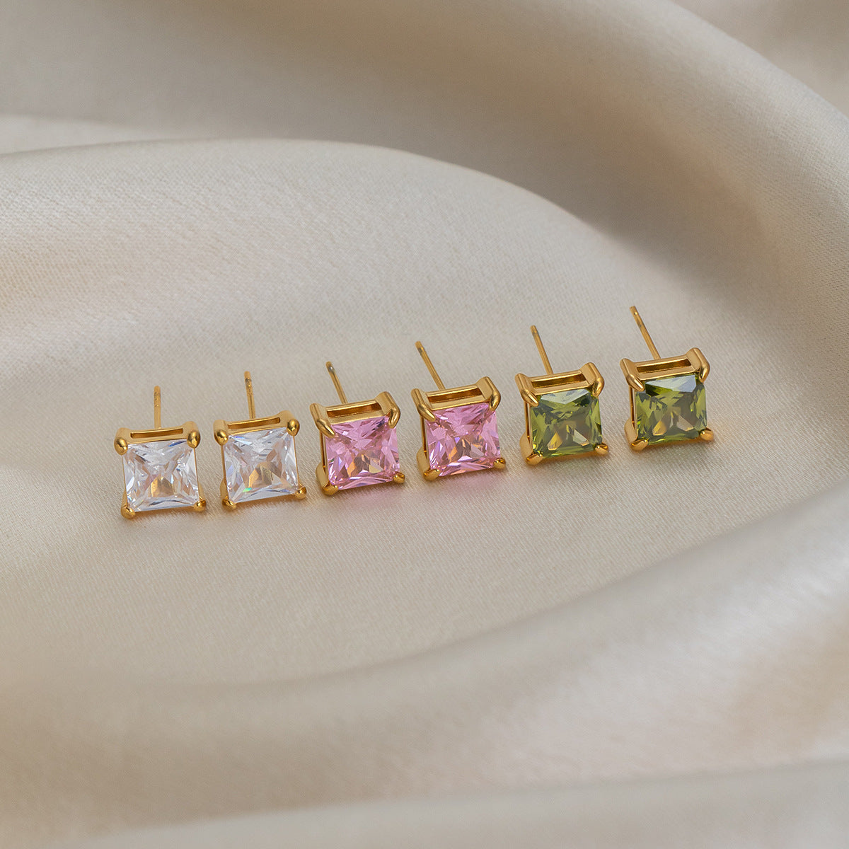 Women's Simple Fashion Square Color Zirconium Stainless Steel Vacuum Gold-plated Earrings