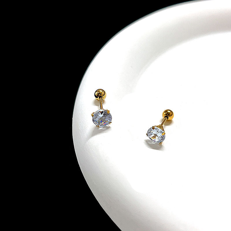 Women's & Men's Titanium Steel Threaded Rods Twisted Ball Ear Crystal Zircon Stud Earrings