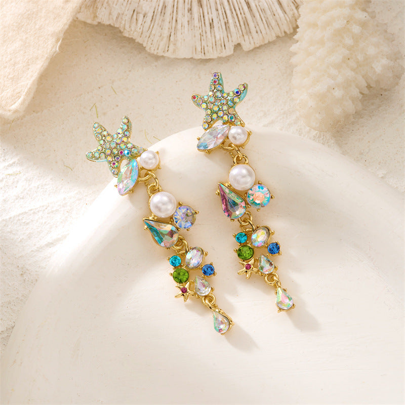 Women's Enamel Glaze Starfish Coral Diamond In The Debris Marine Shell Earrings