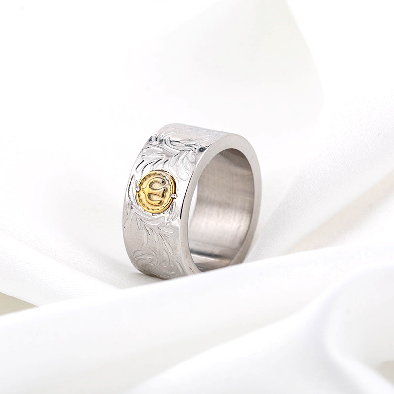 Trendy Retro Titanium Steel Wide-faced Indian Tang Grass Ring