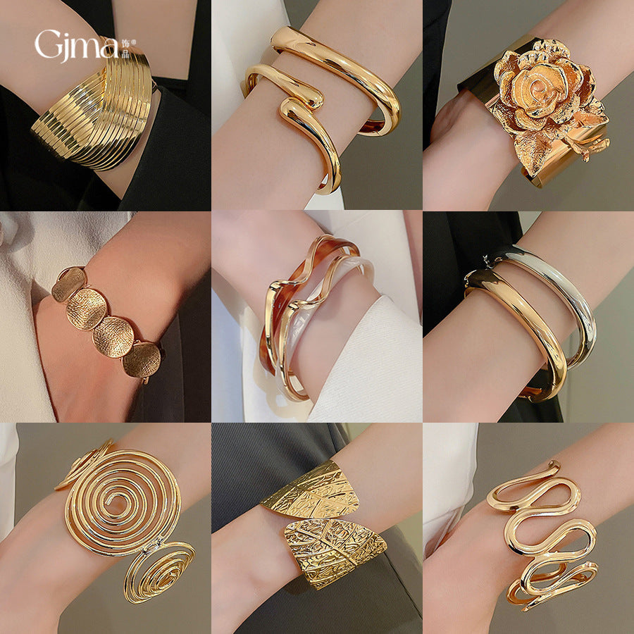 Metallic Striped Geometric Cross Flowers Openings Niche Exaggerated High Bracelet