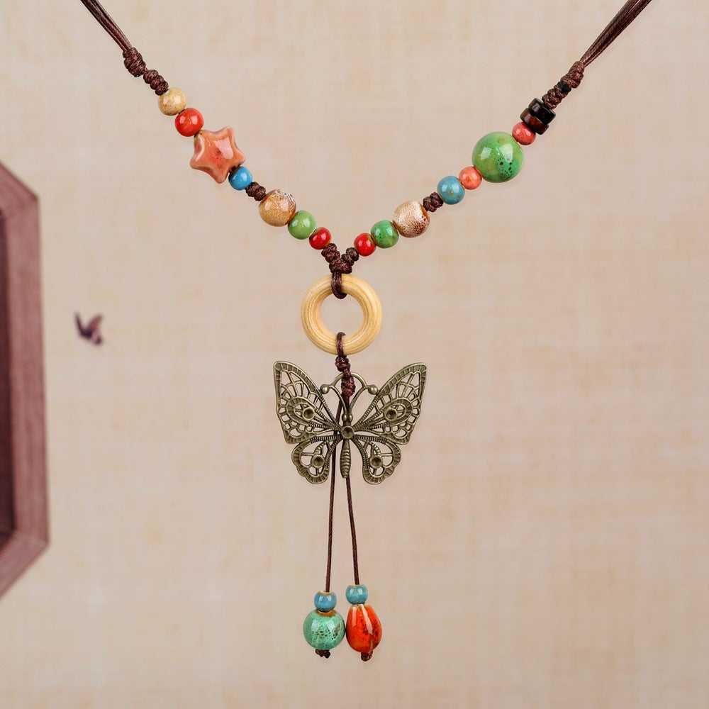 Women's Retro Ethnic Style Ceramic Butterfly Bell Fashionable Necklace