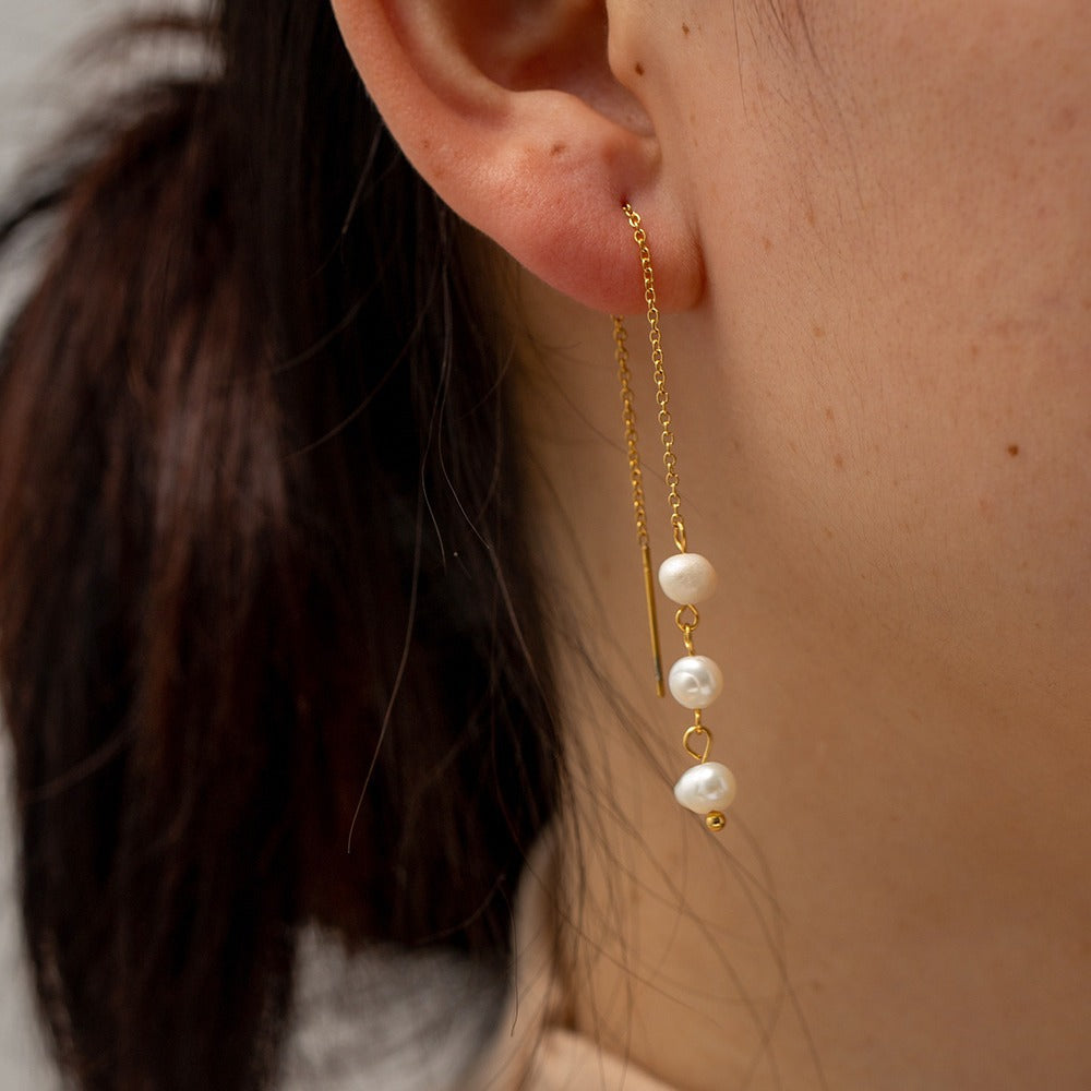 Women's Water Pearl Three Pearls Long Ear Earrings