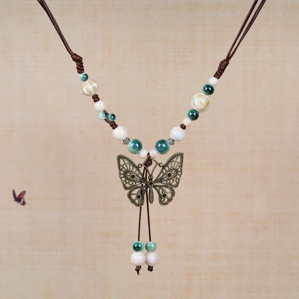 Women's Retro Ethnic Style Ceramic Butterfly Bell Fashionable Necklace