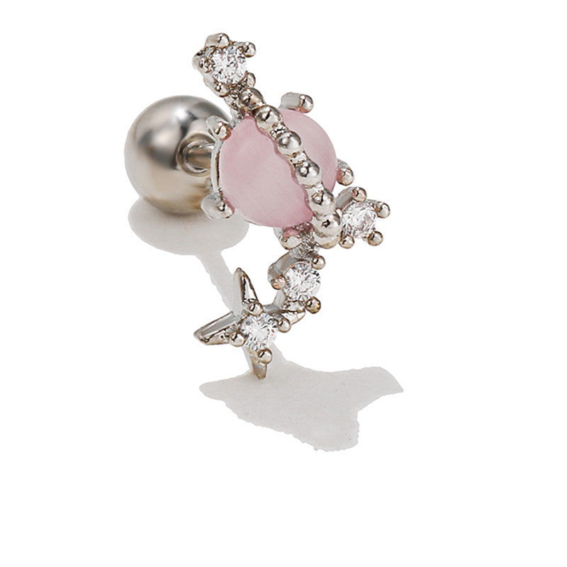 Flower Ear Pink Zircon Sweet Loving Heart Bone Inner Screw Earrings