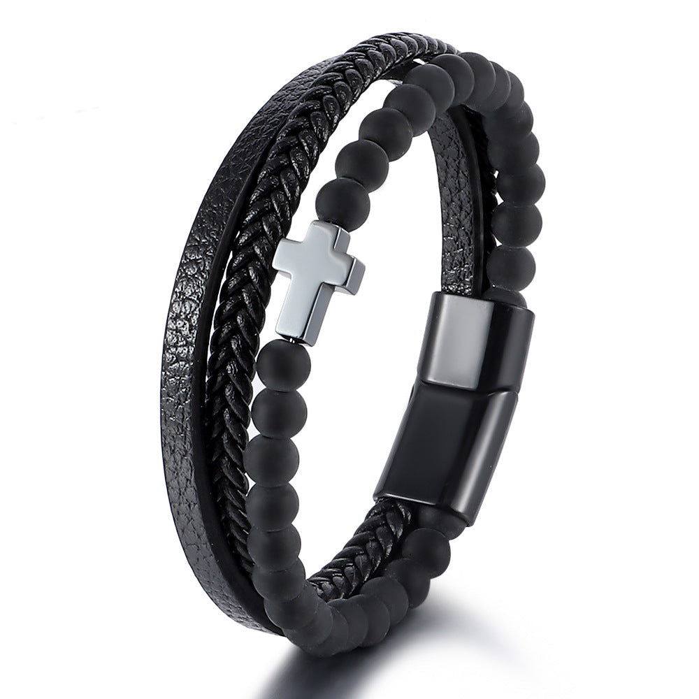 Men's Natural Tigereye Beaded Cross Woven Leather Bracelets