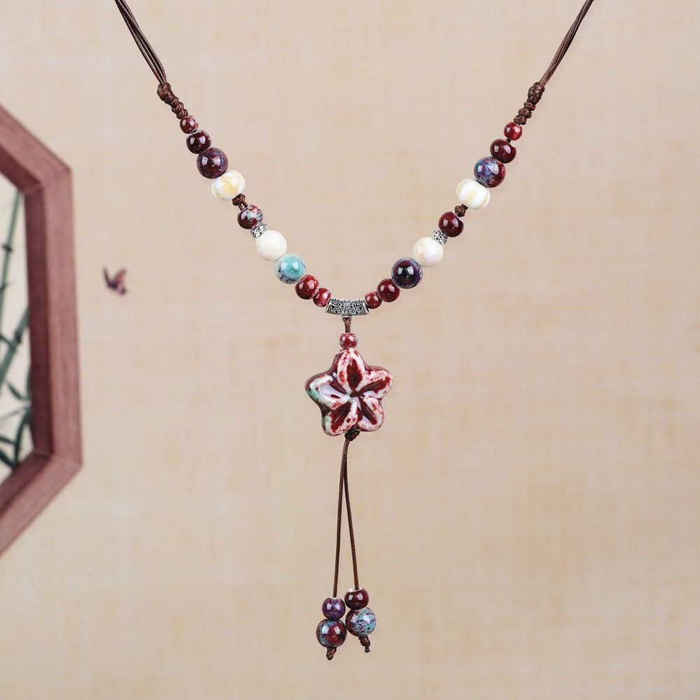 Women's Retro Ethnic Style Ceramic Butterfly Bell Fashionable Necklace