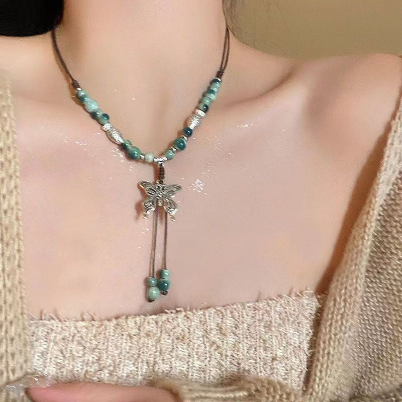 Women's Retro Ethnic Style Ceramic Butterfly Bell Fashionable Necklace