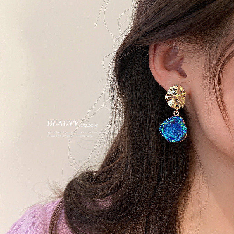 Women's Needle Blue Color Pleated Geometric For Irregular Heart Exaggerated Personalized Earrings