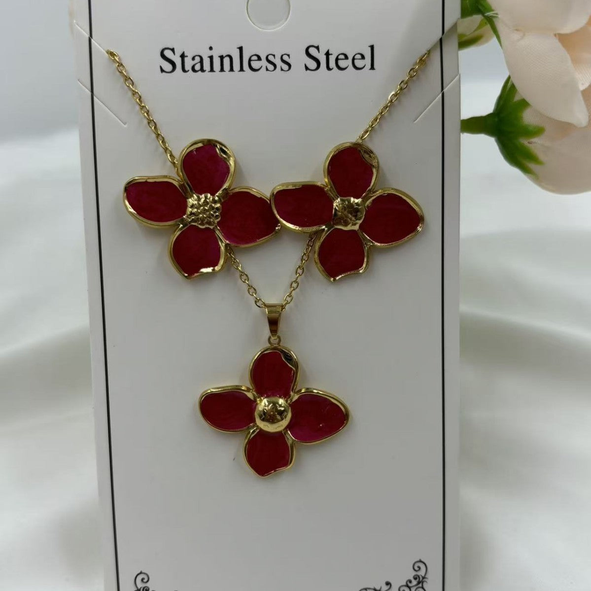 Women's Oil Dripping Petals Stainless Steel Gold Plating Elegant Jewelry Set