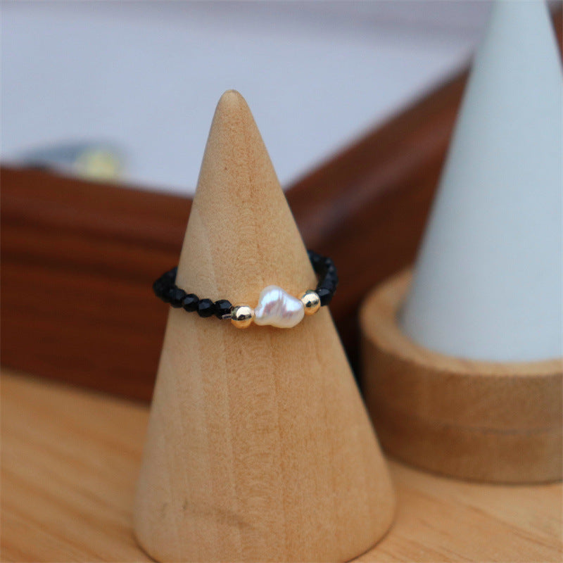 Simple Fashion White Black Pointed Crystal Stretch Freshwater Pearl Agate Rings