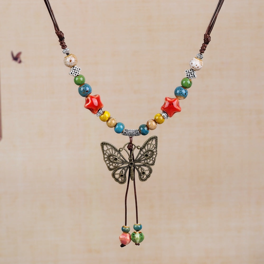 Women's Retro Ethnic Style Ceramic Butterfly Bell Fashionable Necklace